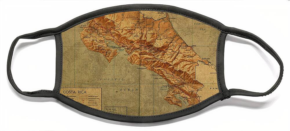 Vintage Face Mask featuring the mixed media Vintage Map of Costa Rica by Design Turnpike
