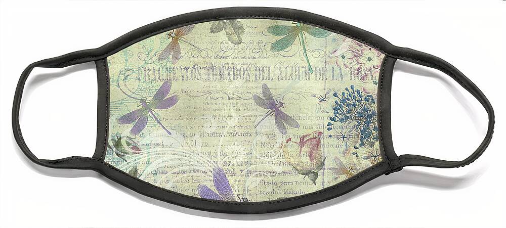 Vintage Face Mask featuring the drawing Vintage Romantic Botanical with Dragonflies by Peggy Collins