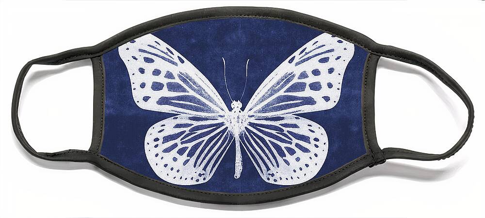 Butterfly Face Mask featuring the mixed media White and Indigo Butterfly- Art by Linda Woods by Linda Woods