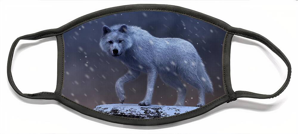 White Wolf Face Mask featuring the digital art White Wolf in a Blizzard by Daniel Eskridge