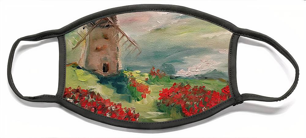 Windmill Face Mask featuring the painting Windmill in a Poppy Field by Roxy Rich