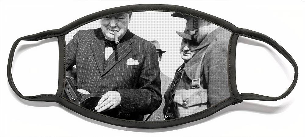 Winston Churchill Face Mask featuring the photograph Winston Churchill Holding A Sub Machine Gun, Photo by English Photographer