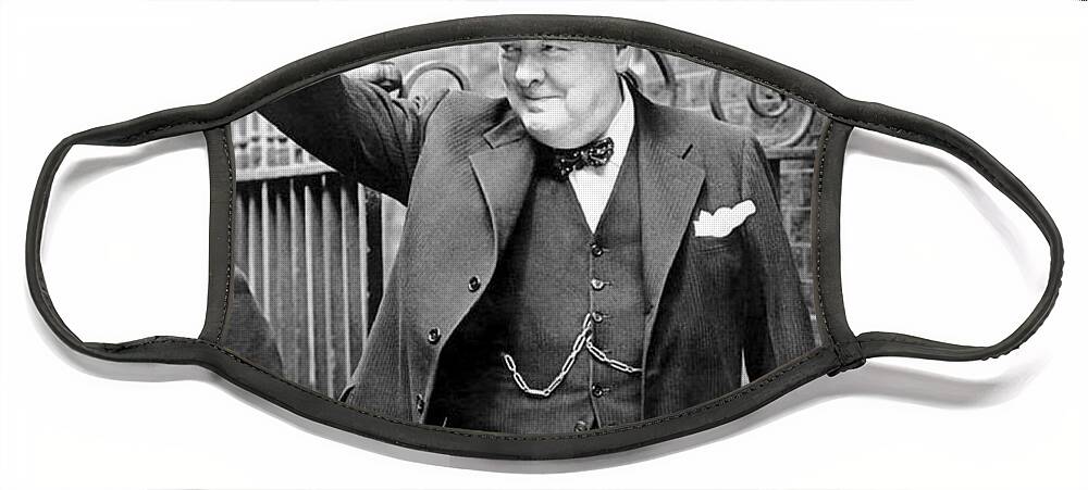 Churchill Face Mask featuring the photograph Winston Churchill showing the v sign by English School