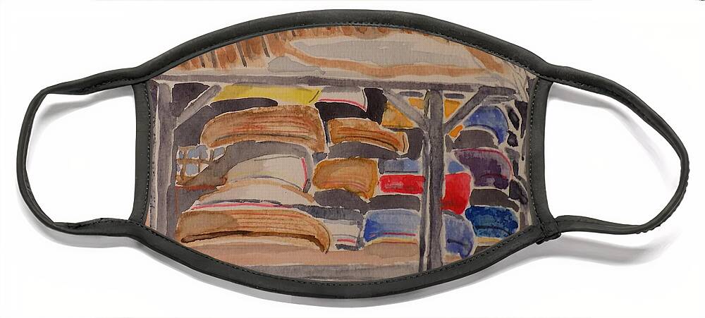 Canoe Face Mask featuring the painting Winter Canoe Storage by Rodger Ellingson