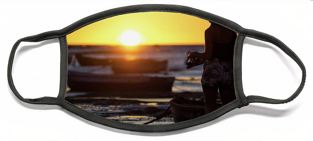 Woman Face Mask featuring the photograph Woman at Sunset La Caleta Beach Cadiz Spain by Pablo Avanzini