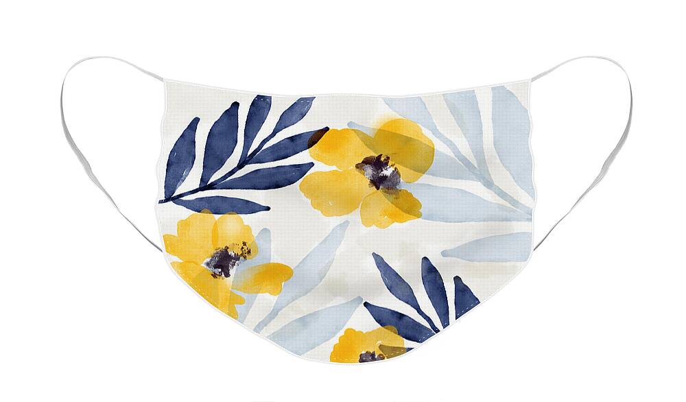 Flowers Face Mask featuring the mixed media Yellow and Navy 1- Floral Art by Linda Woods by Linda Woods
