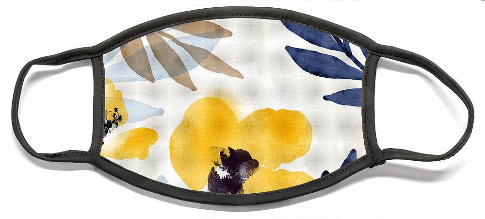 Flowers Face Mask featuring the mixed media Yellow and Navy 3- Floral Art by Linda Woods by Linda Woods