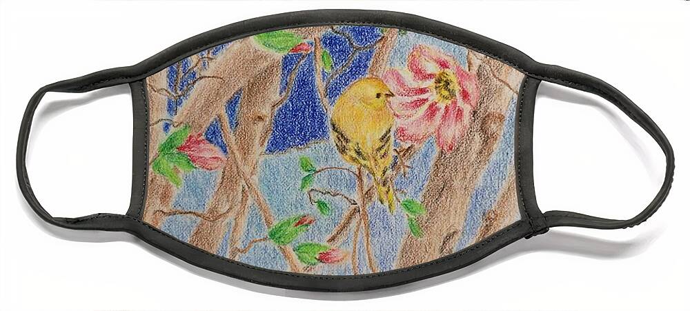 Framed Prints Face Mask featuring the drawing Yellow finch and magnolia blossoms by Milly Tseng