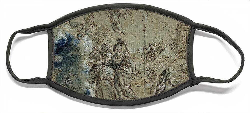 Giovanni Francesco Romanelli Face Mask featuring the drawing Aeneas and the Cumaean Sibyl Entering the Infernal Regions by Giovanni Francesco Romanelli