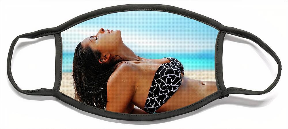 Woman Face Mask featuring the photograph Beautiful woman on the beach #1 by Jelena Jovanovic