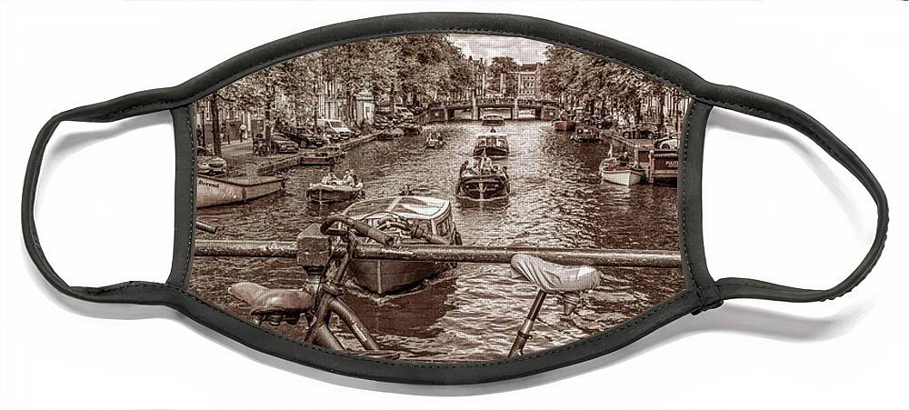 Boats Face Mask featuring the photograph Bicycles on the Canals II in Vintage Sepia #1 by Debra and Dave Vanderlaan