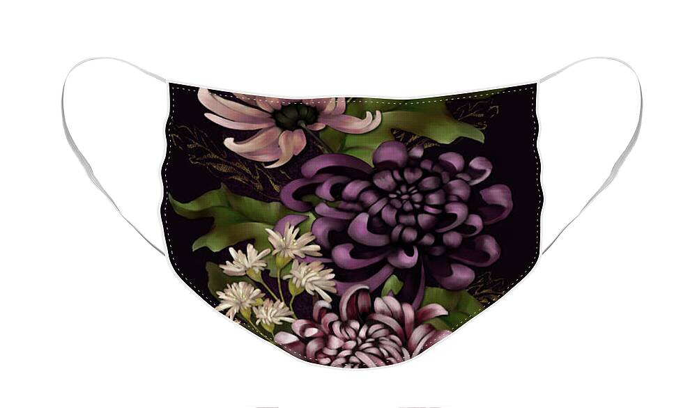 Chinoiserie Face Mask featuring the digital art Chrysanthemums and Butterfly Modern Chinoiserie dark purple by Sand And Chi