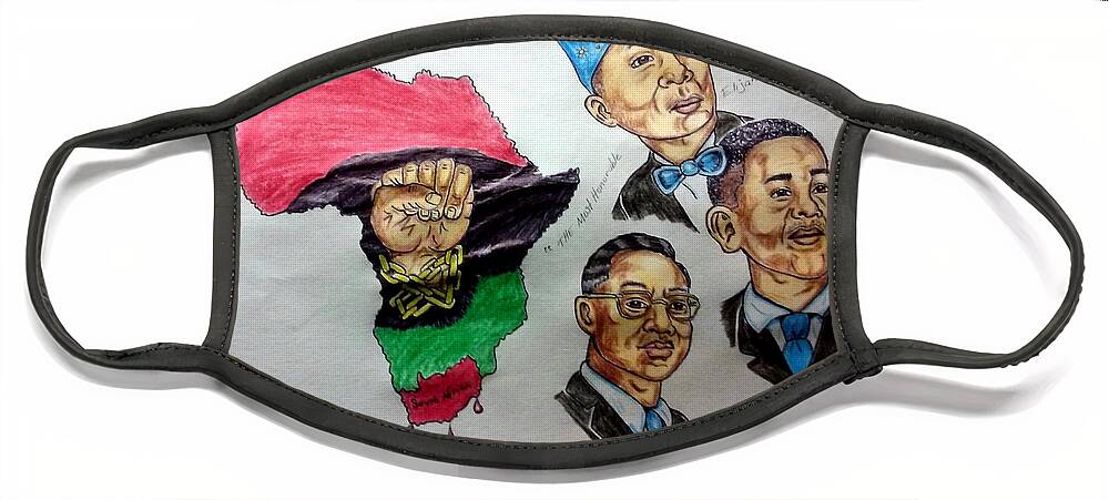 Black Art Face Mask featuring the drawing Farrakhan, Elijah Muhammad, and President Obama by Joedee