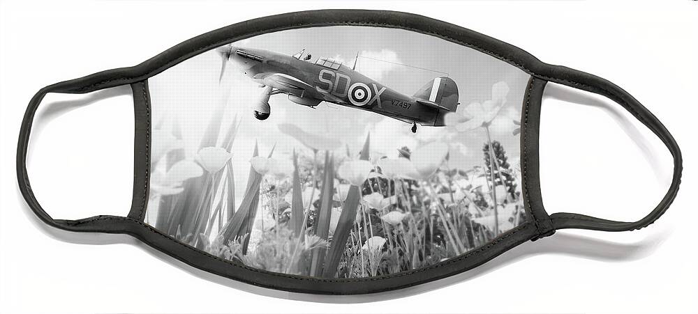 Aircraft Face Mask featuring the photograph Hawker Hurricane flying over poppies in spring by Simon Bratt