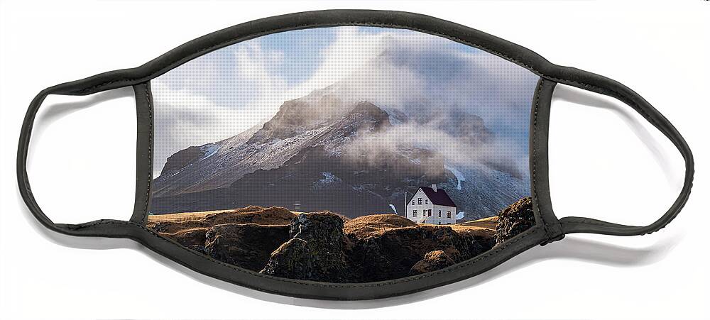 Arnarstapi Face Mask featuring the photograph Iceland landscape in winter at Arnarstapi village. by Michalakis Ppalis