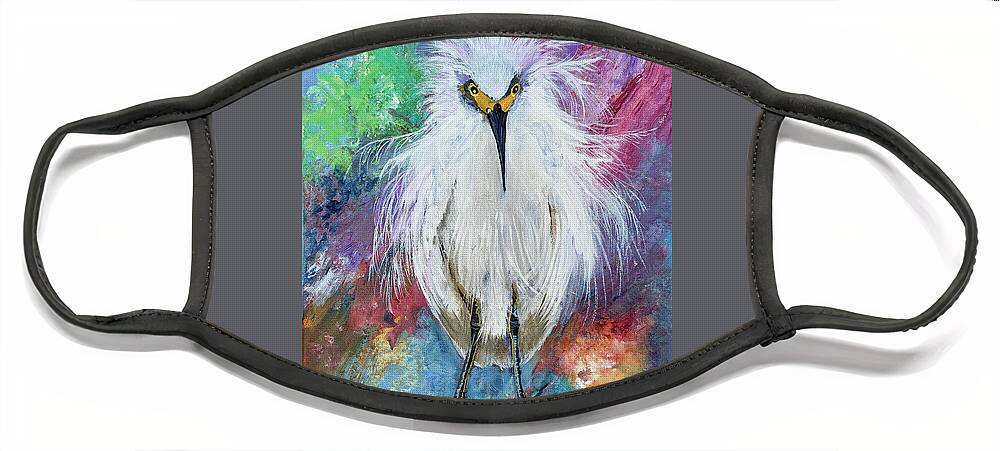 Snowy Egret Face Mask featuring the painting Sparky by Linda Kegley