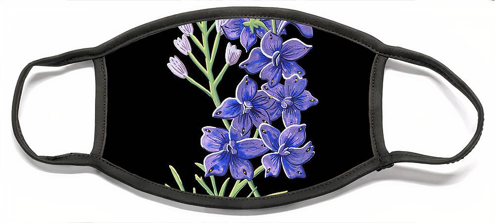 Larkspur Face Mask featuring the painting Larkspur July Birth Month Flower Botanical Print on Black - Art by Jen Montgomery #2 by Jen Montgomery