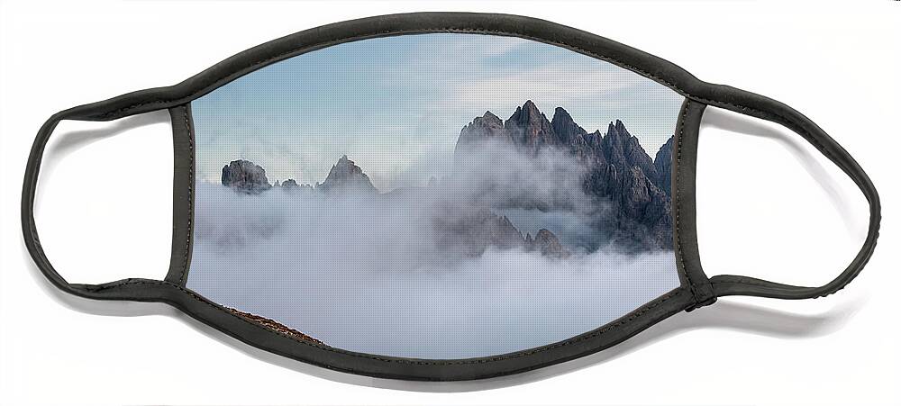 Italian Alps Face Mask featuring the photograph Mountain landscape with fog in autumn. Tre Cime dolomiti Italy. by Michalakis Ppalis