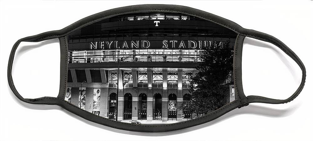 University Of Tennessee At Night Face Mask featuring the photograph Neyland Stadium at the University of Tennessee at night in black and white #1 by Eldon McGraw