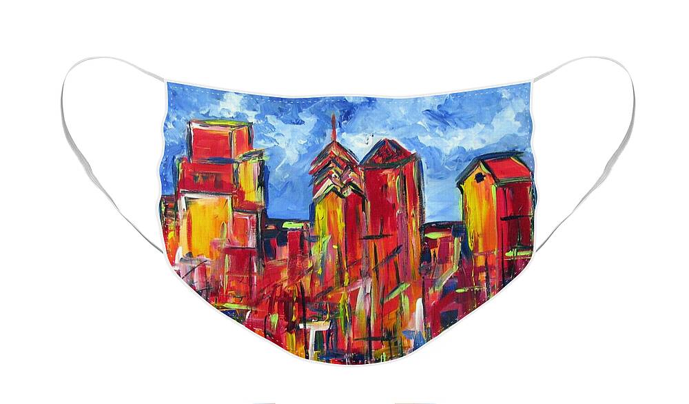 Philadelphia Face Mask featuring the painting Red Blue Philly Skyline by Britt Miller