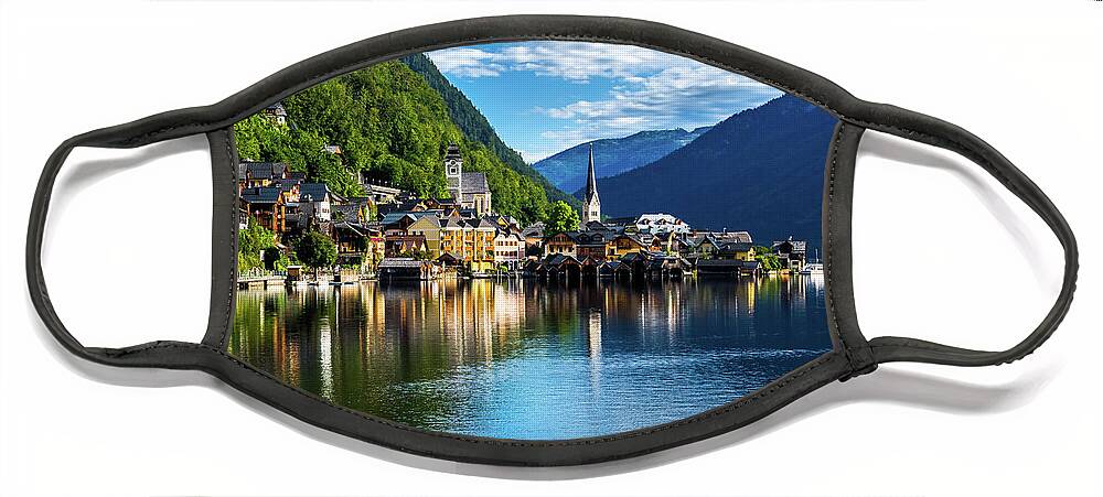 Austria Face Mask featuring the photograph Picturesque Lakeside Town Hallstatt At Lake Hallstaetter See In Austria by Andreas Berthold