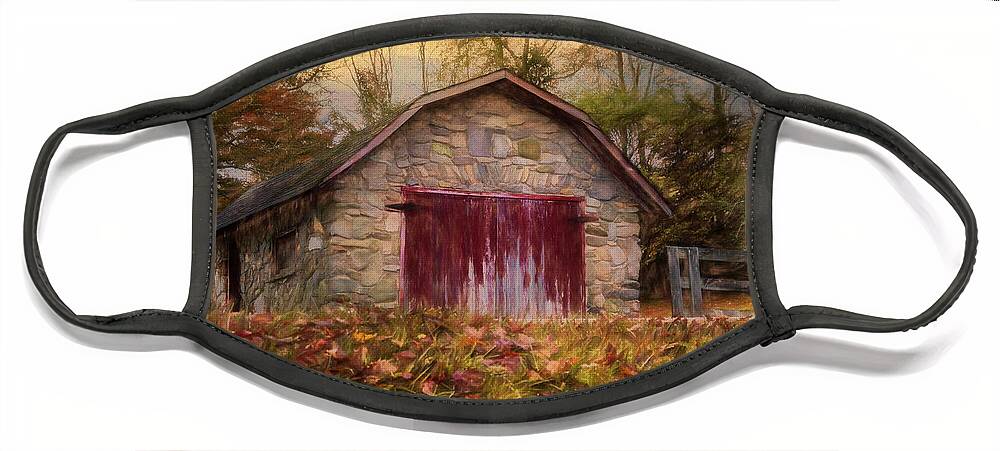 Barns Face Mask featuring the photograph Red Door Barn Farm Creeper Trail in Autumn Fall Colors Damascus #1 by Debra and Dave Vanderlaan