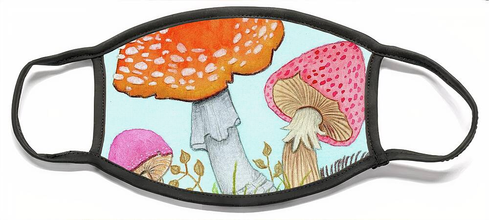Retro Mushrooms Face Mask featuring the painting Retro Mushrooms 3 by Donna Mibus