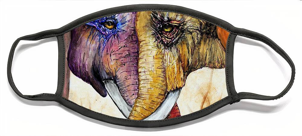 Elephants Face Mask featuring the painting Together Forever #1 by Maria Barry