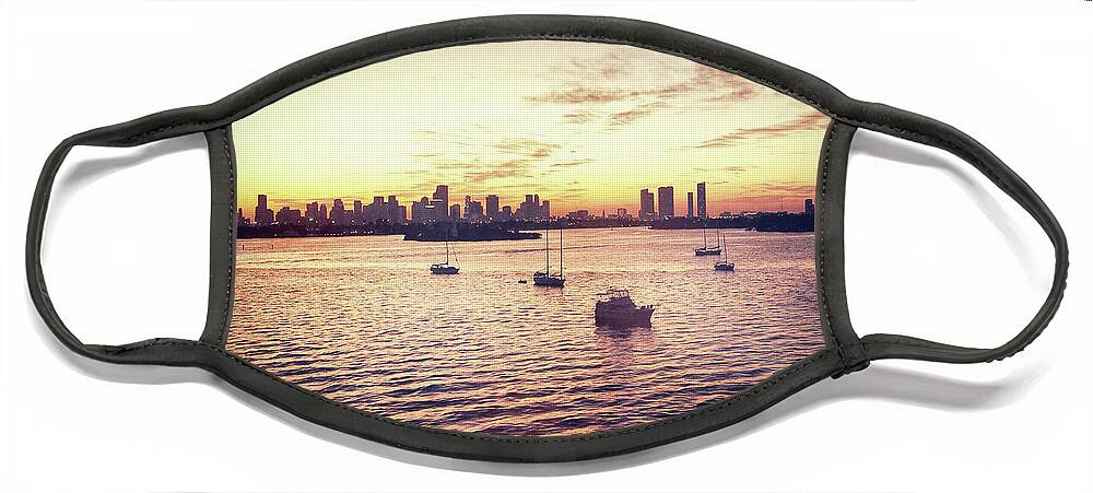 Florida Face Mask featuring the digital art Vintage Miami Skyline by Phil Perkins