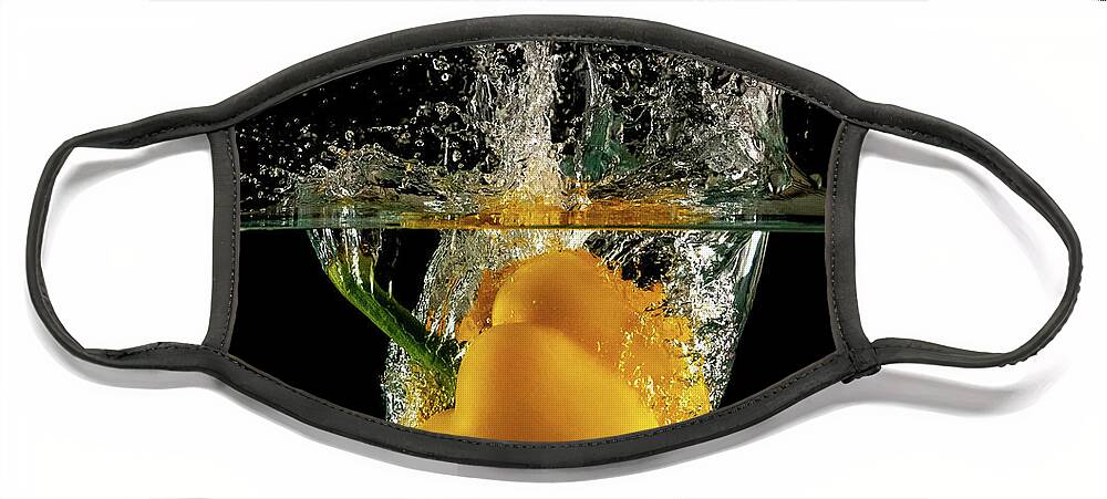 Pepper Face Mask featuring the photograph Yellow bell pepper dropped and slashing on water by Michalakis Ppalis