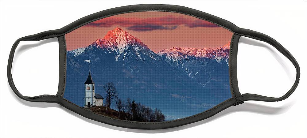 Jamnik Face Mask featuring the photograph Full moon rising over Jamnik church and Storzic at sunset #2 by Ian Middleton