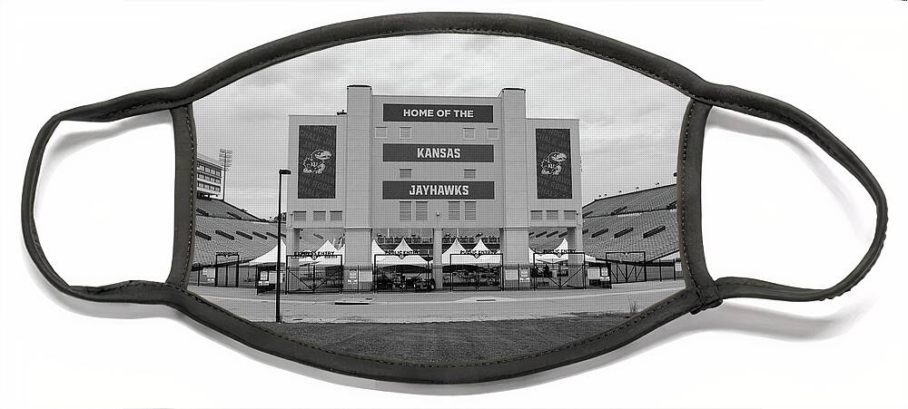 Kansas Jayhawks Stadium Face Mask featuring the photograph Kansas Jayhawks football stadium in black and white by Eldon McGraw