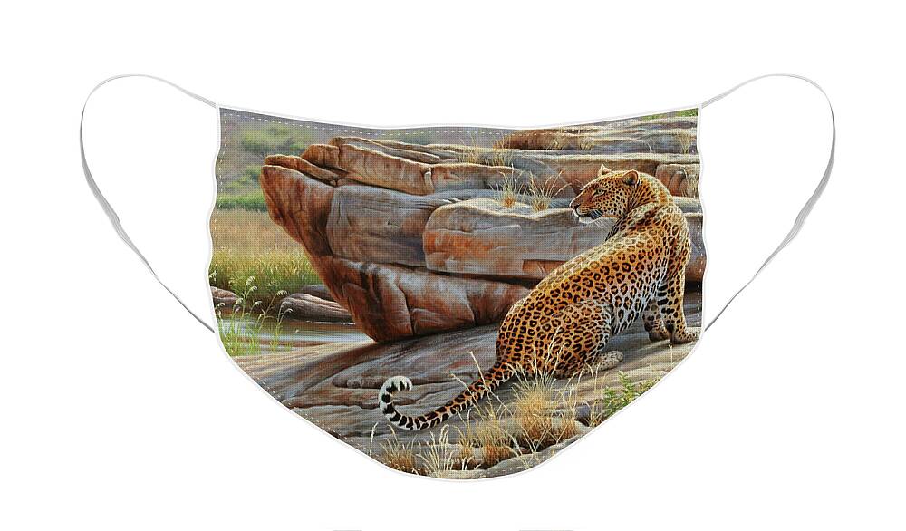 Cynthie Fisher African Face Mask featuring the painting Leopard #2 by Cynthie Fisher