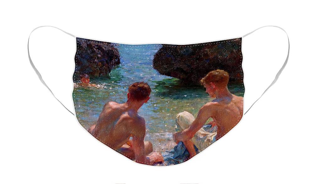 Nude Face Mask featuring the painting The Critics by Henry Scott Tuke