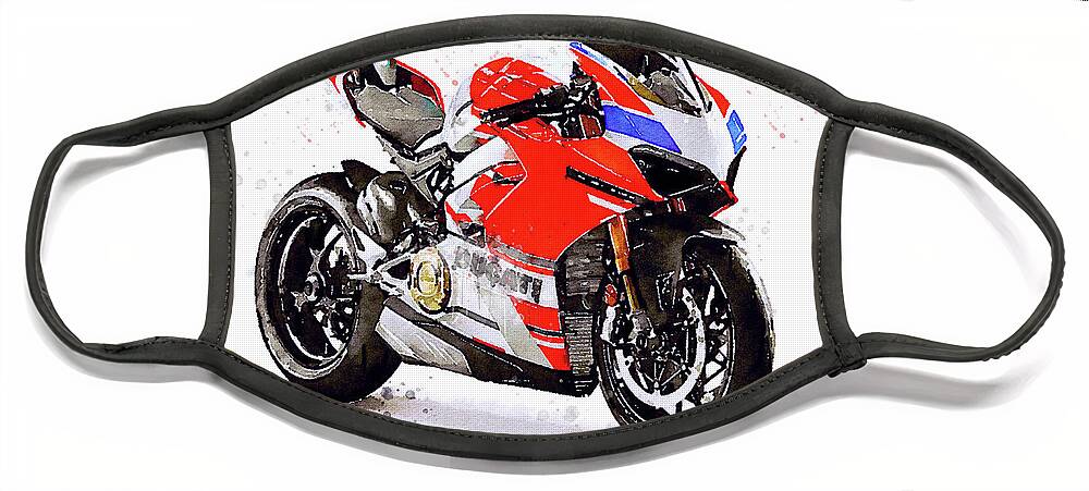 Sport Face Mask featuring the painting Watercolor Ducati Panigale V4S motorcycle, oryginal artwork by Vart by Vart Studio