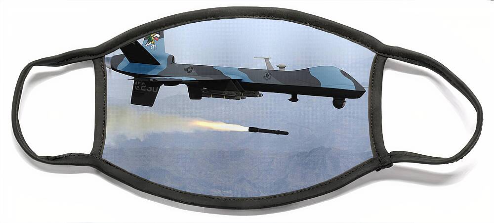 Reaper Face Mask featuring the digital art MQ-9 Reaper Firing Hellfire Missile by Custom Aviation Art