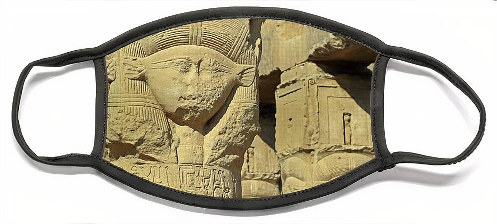 Dendera Face Mask featuring the photograph Ancient Egyptian Hathor sculptures in temple of Dendera #3 by Mikhail Kokhanchikov