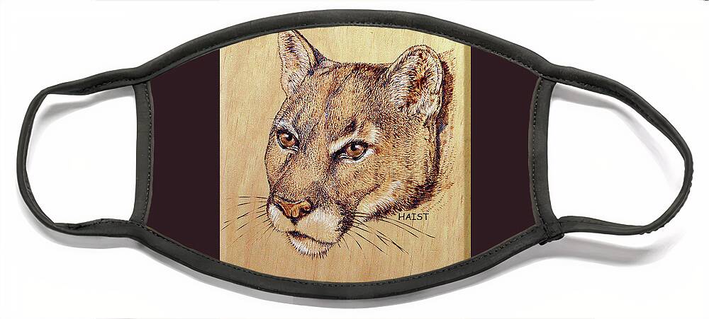 Cougar Face Mask featuring the pyrography Cougar #3 by Ron Haist