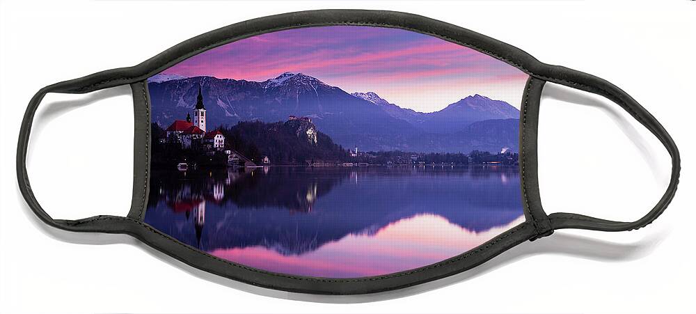 Bled Face Mask featuring the photograph Sunrise at Lake Bled #4 by Ian Middleton
