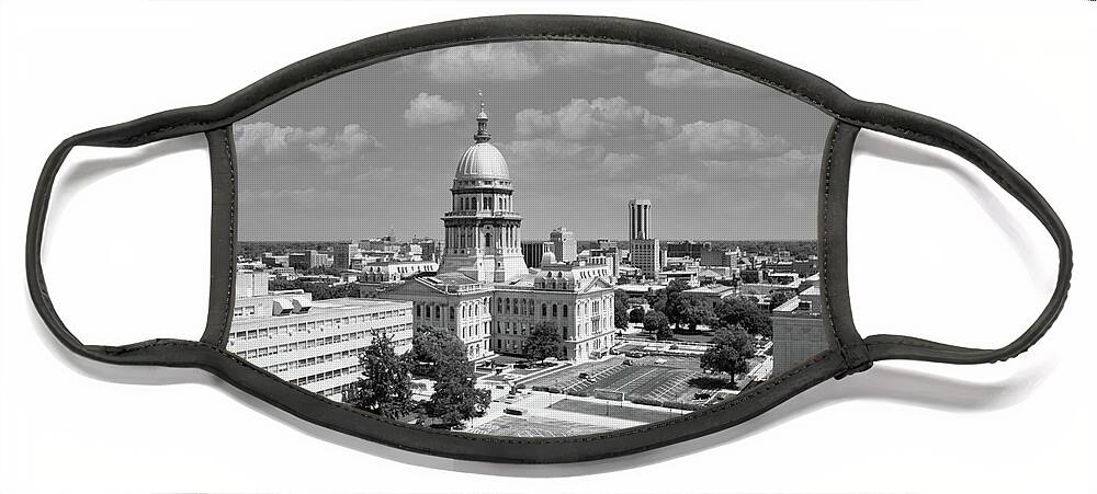 Usa Face Mask featuring the photograph Illinois state capitol in Springfield Illinois in black and white #7 by Eldon McGraw