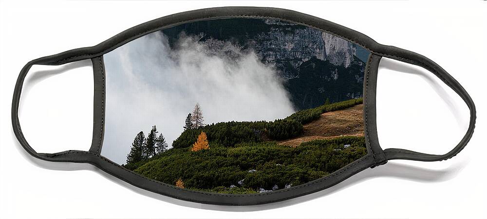 Italian Alps Face Mask featuring the photograph Mountain landscape with fog in autumn. Tre Cime dolomiti Italy. by Michalakis Ppalis