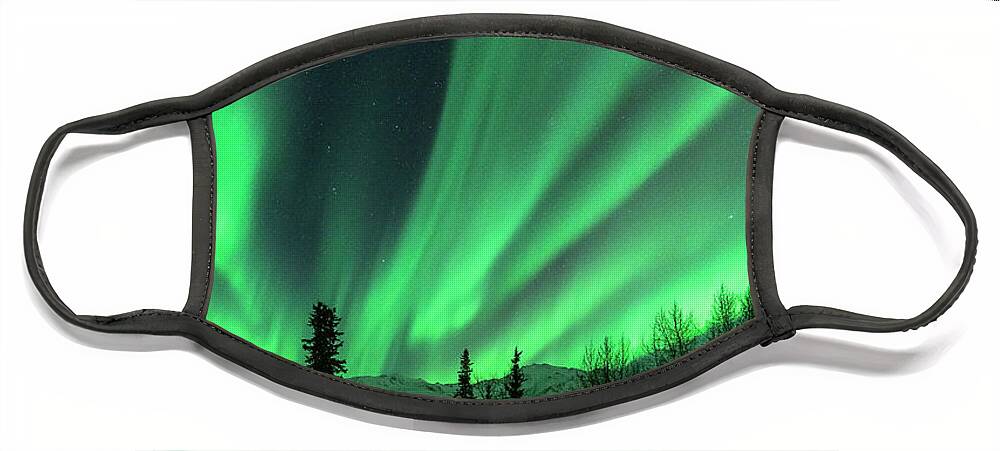 Aurora Face Mask featuring the photograph A Cabin in the Lights by Laura Hedien