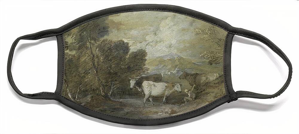 A Herdsman With Three Cows By An Upland Pool Mid 1780s Thomas Gainsborough British 1727 To 1788 Face Mask featuring the painting A Herdsman with Three Cows by an Upland Pool mid 1780s Thomas Gainsborough British 1727 to 1788 by MotionAge Designs