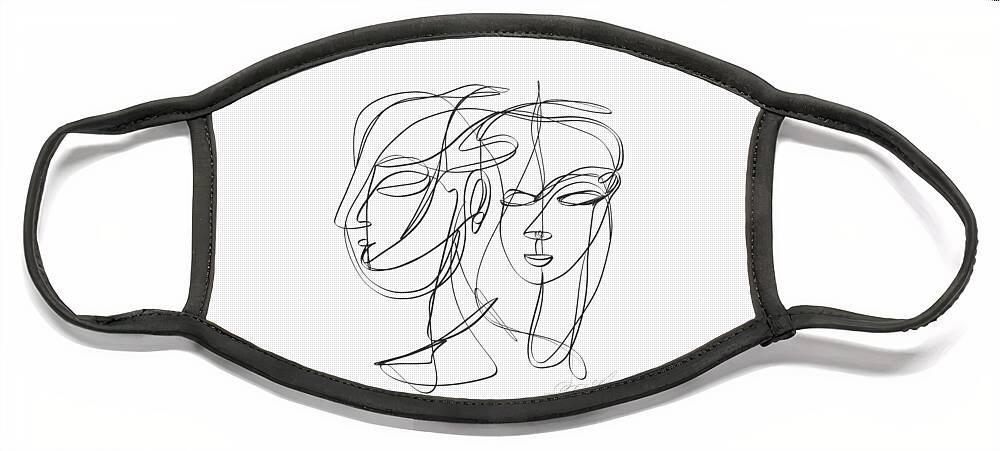Sketch Face Mask featuring the digital art A one-line abstract drawing depicting two faces in a symbiotic relationship by OLena Art