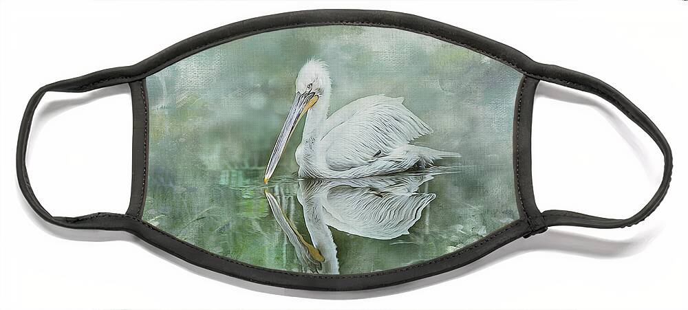 Bird Face Mask featuring the photograph A Pelican Glides Through The Early Morning Mist by Theresa Tahara