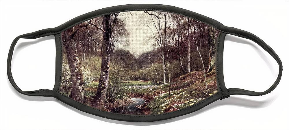 Charm Of Gardens Face Mask featuring the drawing A Primrose Bank Near Dorking j5 by Historic Illustrations