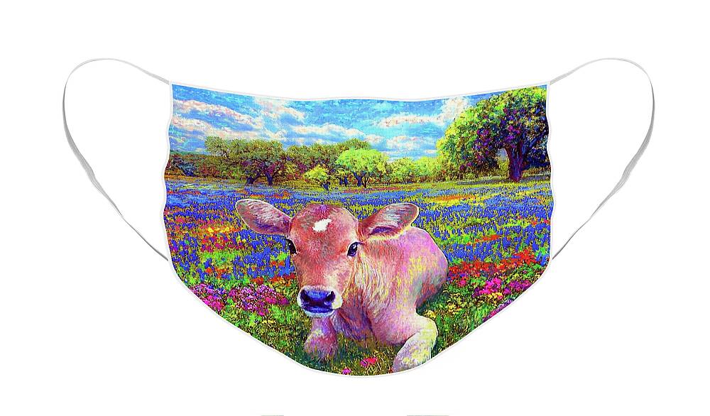 Floral Face Mask featuring the painting A Very Content Cow by Jane Small
