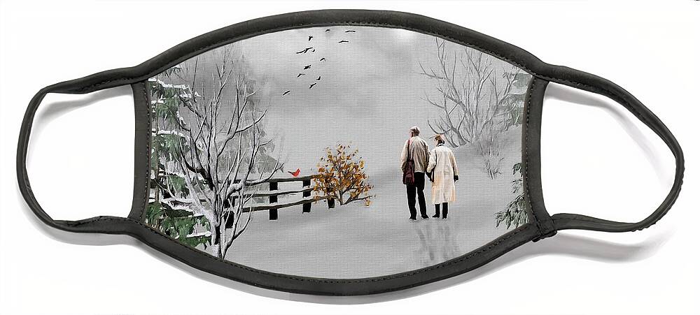 A Winter Walk Face Mask featuring the mixed media A Winter Walk With Your Love Color by David Dehner