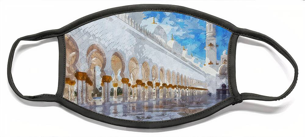 Abu Dhabi White Mosque Sheikh Zayid Mosque 2 Face Mask featuring the painting Abu Dhabi White Mosque Sheikh Zayid Mosque 2, watercolor 2019 by Ahmet Asar by Celestial Images