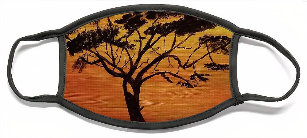 Acacia Tree At Sunset On The African Savannah Face Mask featuring the painting Acacia Tree by Pour Your heART Out Artworks